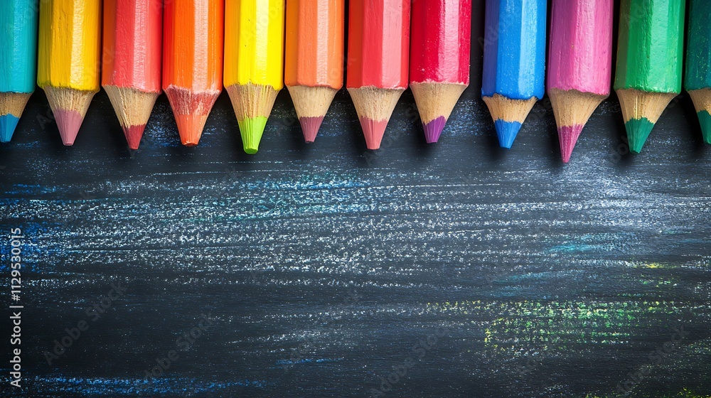 Colorful Pencils Arranged on a Chalkboard Background Colorful Pencils Arranged on a Chalkboard Background
