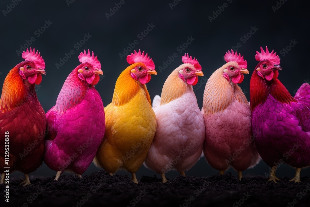 Fototapeta premium farmyard chickens, colorful hens pecking the ground for treats, their vibrant plumage shining in the sunlight