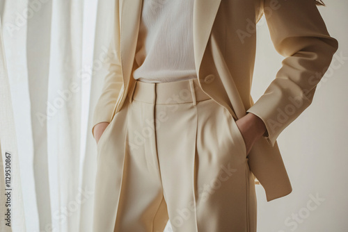 elegant woman dressed in a tailored beige suit with hands in pockets standing near soft flowing curtains in a minimalist modern setting  
