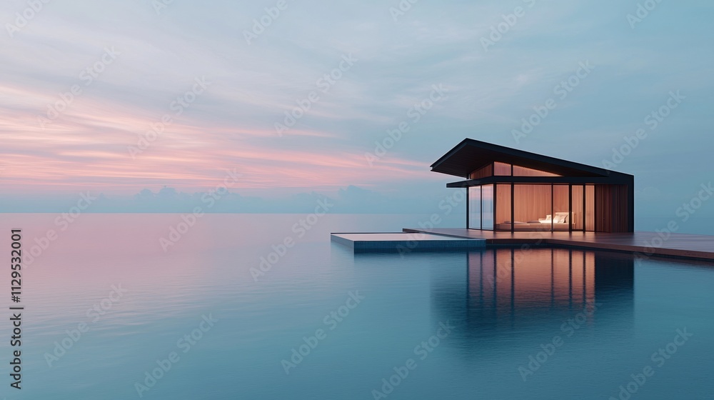 Modern house on a small island in the middle of a body of water. the house is made of wood and has a triangular roof with a sloping roof. Modern house on a small island in the middle of a body of water. the house is made of wood and has a triangular roof with a sloping roof.