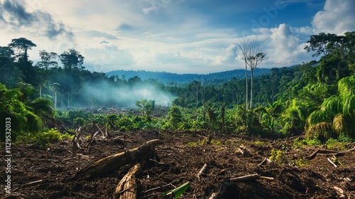 The escalating crisis of deforestation in untouched rainforests, Revealing the stark contrast between lush greenery and barren landscapes, photography style photo