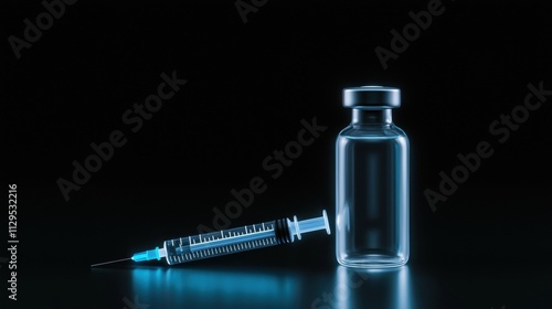 Syringe and a small glass vial on a black background. the syringe is on the left side of the image, with the needle pointing towards the right side.