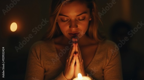 close-up of a woman in a serene setting, deeply engaged in night prayers with her hands raised in supplication photo