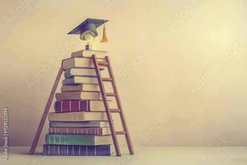 Pile of academic books with a ladder reaching up to a light bulb in a graduation cap, set on a soft cream background.