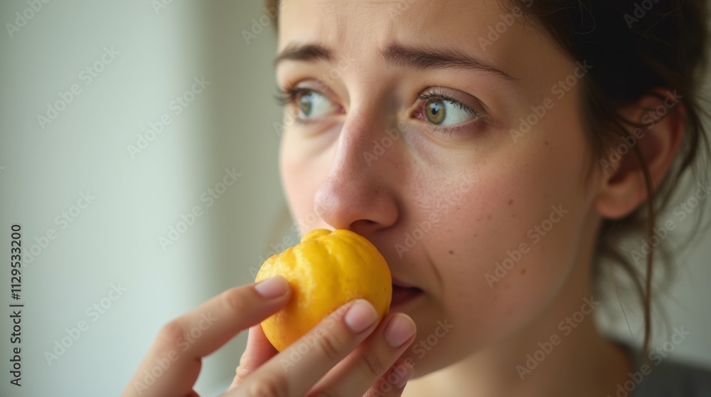A close-up of a woman looking puzzled while holding a piece of fruit close to her nose, unable to smell it A close-up of a woman looking puzzled while holding a piece of fruit close to her nose, unable to smell it