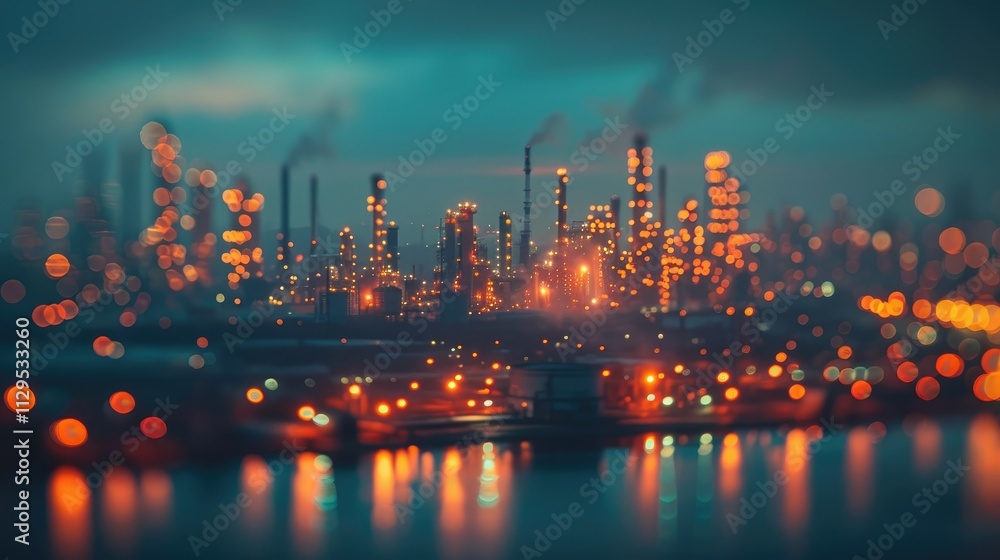 Naklejka premium Night view of an industrial complex with blurred lights reflecting on water.