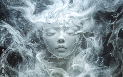 Abstract Portraits of Human Faces Emerging from Swirling Smoke with Ethereal and Monochromatic Art Style photo