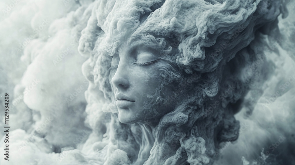 Abstract Portraits of Human Faces Emerging from Swirling Smoke with Ethereal and Monochromatic Art Style Abstract Portraits of Human Faces Emerging from Swirling Smoke with Ethereal and Monochromatic Art Style
