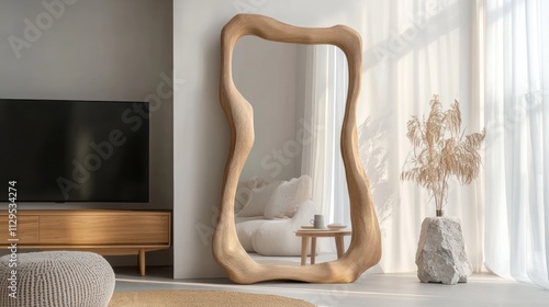 Organic modern wooden full-length mirror in minimalist living room.