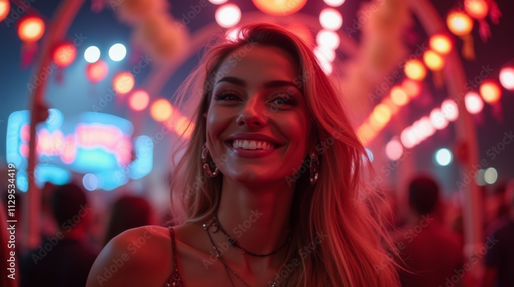 woman in glamorous attire, enjoying the Sanremo Festival, surrounded by colorful lights and decorations woman in glamorous attire, enjoying the Sanremo Festival, surrounded by colorful lights and decorations