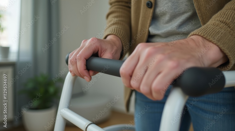 Close-up image of an elderly man’s hands gripping a walker, emphasizing mobility issues and support needs, with soft natural light and neutral indoor background tones. Close-up image of an elderly man’s hands gripping a walker, emphasizing mobility issues and support needs, with soft natural light and neutral indoor background tones.