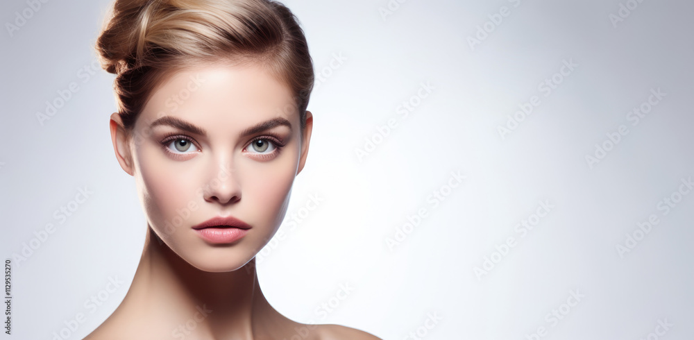Naklejka premium An elegant woman with long dark hair poses gracefully against a soft pink background. Her serene expression and natural beauty make this high-quality stock photo ideal for beauty, skincare, and