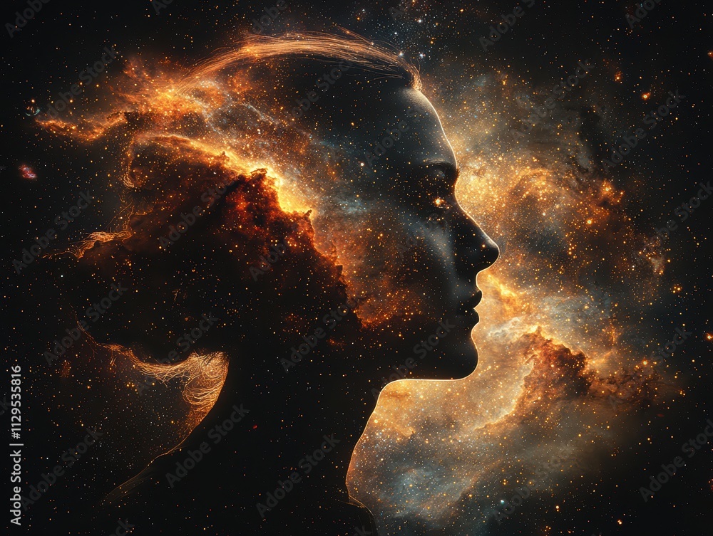 Cosmic silhouette of a woman in a nebula digital art sci-fi environment side profile dreamy concept for seo impact Cosmic silhouette of a woman in a nebula digital art sci-fi environment side profile dreamy concept for seo impact