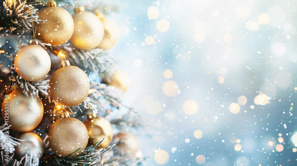 Hintergrund für Weihnachten mit Tannenbaum und goldenenen Christbaum Kugeln und Textfreiraum Hintergrund für Weihnachten mit Tannenbaum und goldenenen Christbaum Kugeln und Textfreiraum