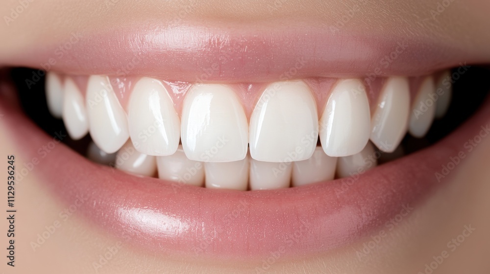 Fototapeta premium Close-up of a person's mouth, showing their teeth. the teeth are white and appear to be healthy and well-groomed. the person's lips are slightly parted, and their teeth are slightly crooked.