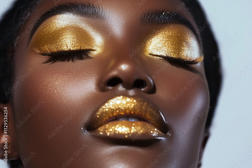 woman with golden eye makeup, golden eyelashes, very glowy skin, goddess like woman with golden eye makeup, golden eyelashes, very glowy skin, goddess like