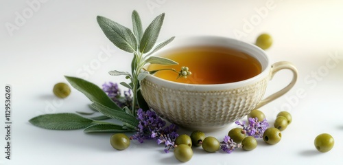 Wallpaper Mural Soothing sage tea with a mini olive tree sprouting from it, olive beads and small purple flowers surrounding the cup. Torontodigital.ca