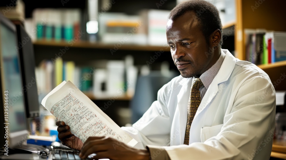 Focused scientist reviewing research notes in laboratory setting, surrounded by books and computer equipment, emphasizing professionalism and dedication to science Focused scientist reviewing research notes in laboratory setting, surrounded by books and computer equipment, emphasizing professionalism and dedication to science