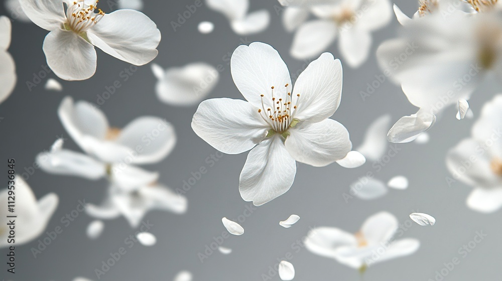 White cherry blossoms floating on gray background. White cherry blossoms floating on gray background.