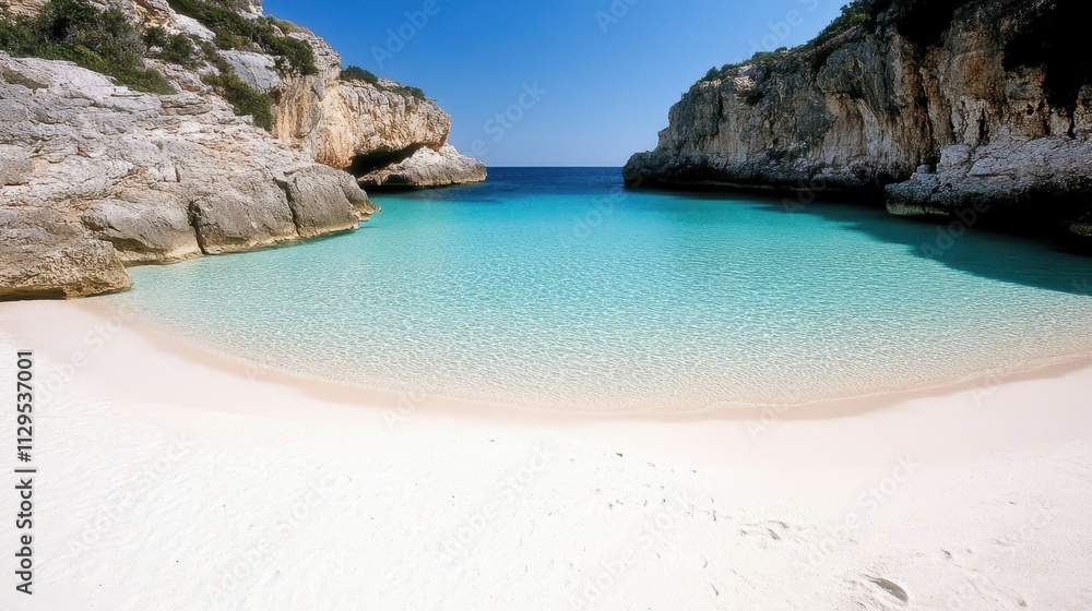 Fototapeta premium A serene beach scene with turquoise waters and white sand, ideal for relaxation and vacation.