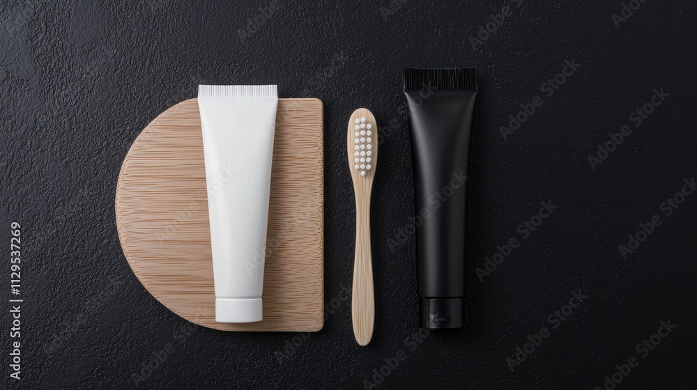 Naklejka premium Flat lay of three items on a black background. on the left side, there is a white tube of toothpaste with a wooden handle. next to it, there are two wooden toothbrushes with white bristles.