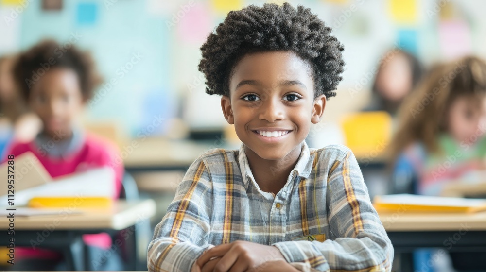 Smiling schoolboy sits at classroom desk, classmates blurred. Smiling schoolboy sits at classroom desk, classmates blurred.
