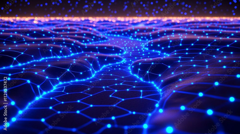 Abstract Network Data Flow Digital Landscape Glowing Nodes Connection Technology Grid Abstract Network Data Flow Digital Landscape Glowing Nodes Connection Technology Grid
