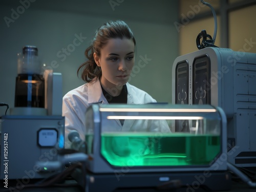 Scientist working in laboratory with advanced equipment and glowing green liquid. photo