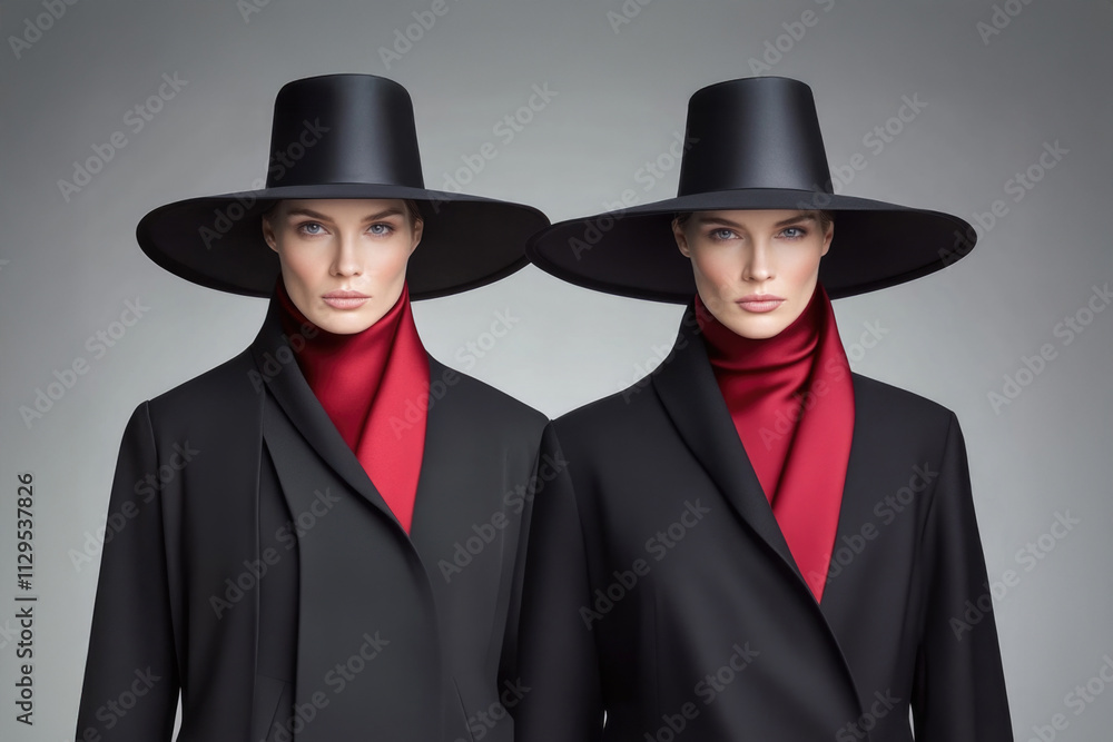 Two individuals in black coats and wide-brimmed hats with striking red scarves, showcasing symmetry and modern fashion design in a studio setting. Two individuals in black coats and wide-brimmed hats with striking red scarves, showcasing symmetry and modern fashion design in a studio setting.