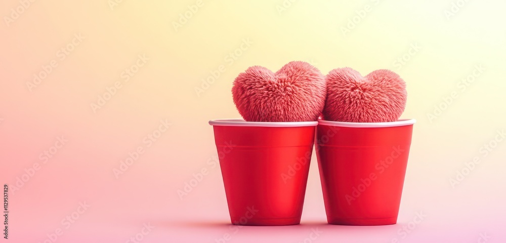 Two red cups with a plush heart nestled between them, placed on a pastel pink and yellow gradient background. Two red cups with a plush heart nestled between them, placed on a pastel pink and yellow gradient background.