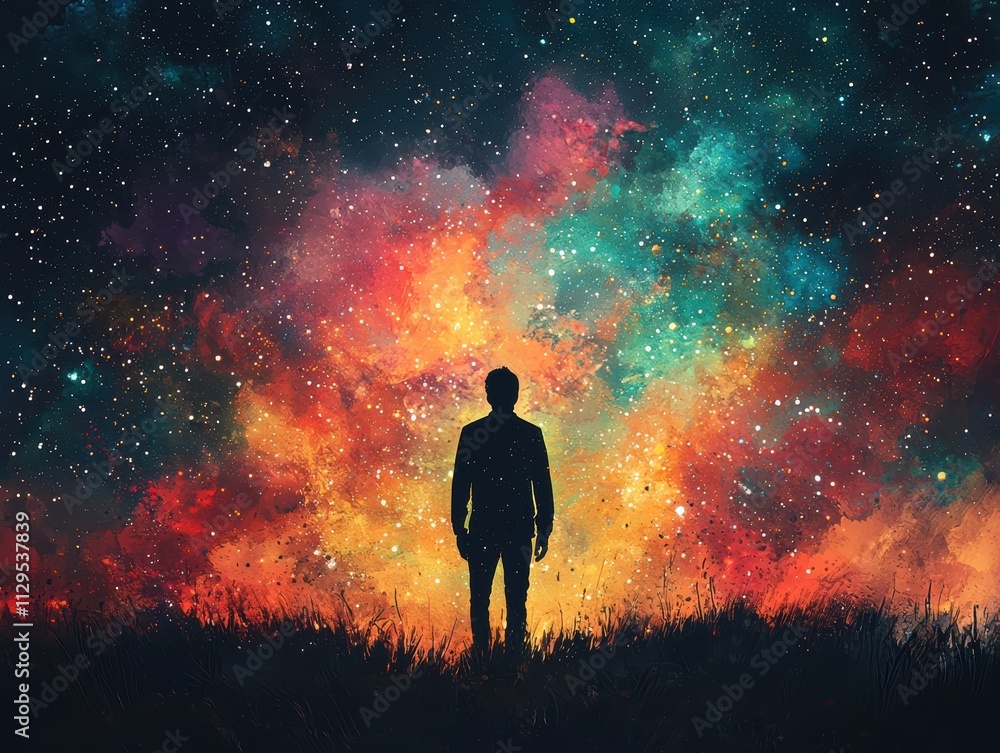 Fototapeta premium A man's silhouette against a cosmic explosion night sky digital art starry environment wide view exploration and wonder