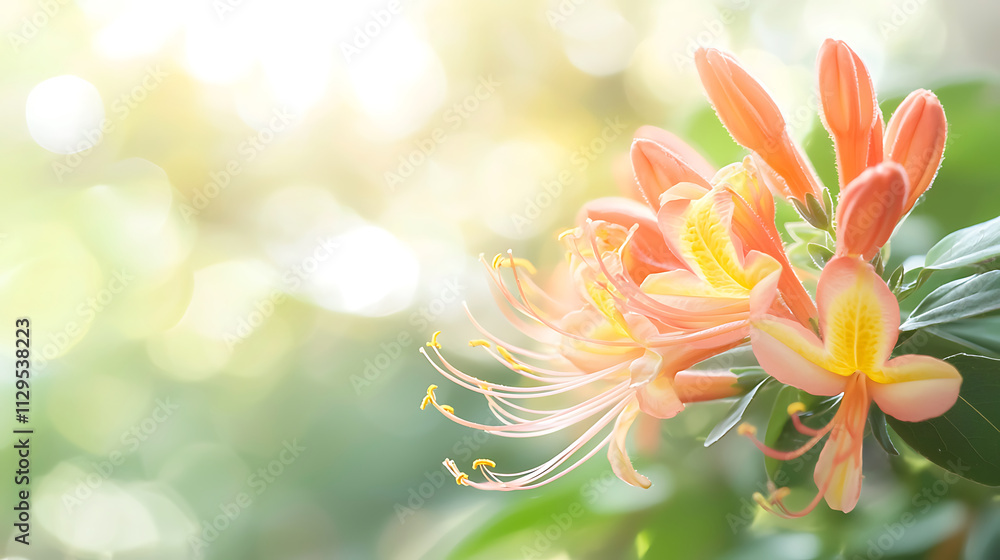 dreamy wide angle photograph of trumpet honeysuckle flowers in soft light dreamy wide angle photograph of trumpet honeysuckle flowers in soft light