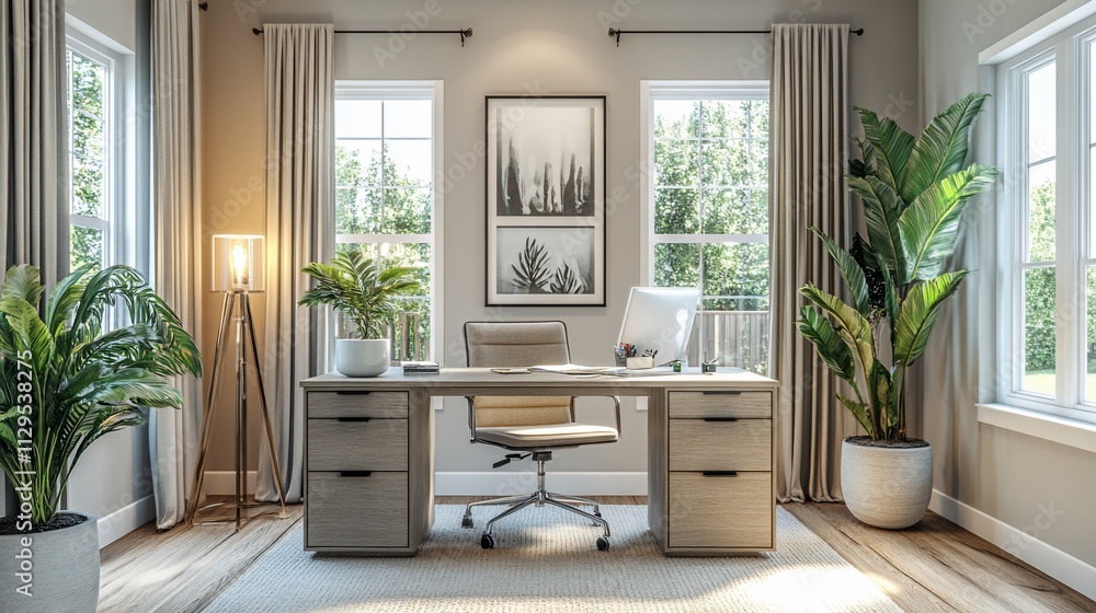 Bright home office with large windows, desk, plants, and natural light. Bright home office with large windows, desk, plants, and natural light.