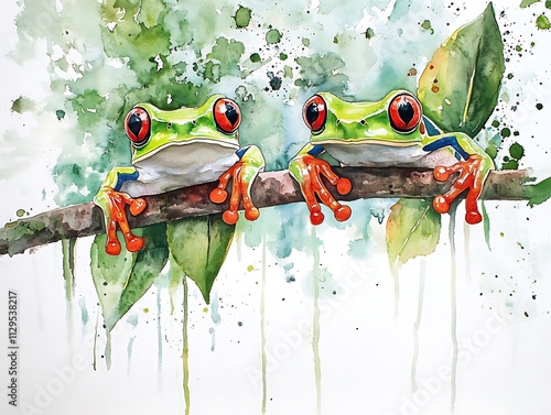 two tree frogs on tropical leaves on branch in rainforest, watercolor style illustration banner, wildlife concept, animal beauty in nature wallpaper, exotic jungle frog or toad painting photo
