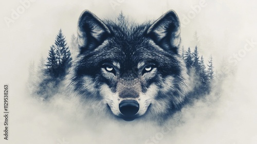 Majestic wolf head blended with a misty forest landscape in a captivating artwork