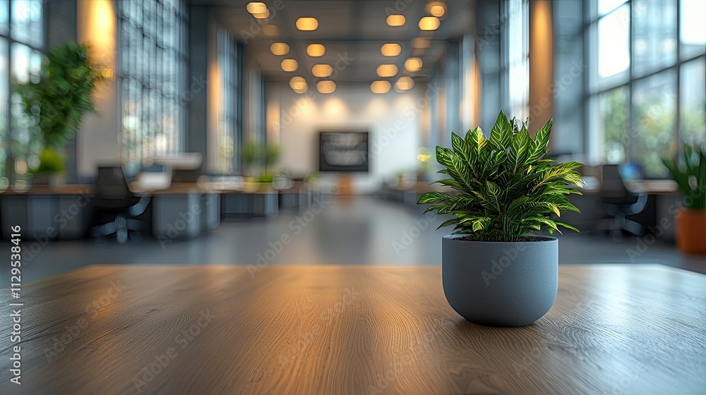 Modern office interior featuring a green plant on a wooden table during daylight hours Modern office interior featuring a green plant on a wooden table during daylight hours