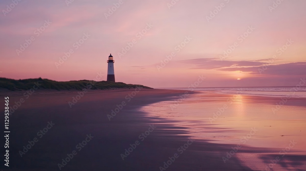 Serene sunset at a lighthouse on a calm beach with gentle waves reflecting warm colors. Serene sunset at a lighthouse on a calm beach with gentle waves reflecting warm colors.