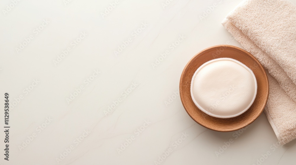 Small round wooden bowl with a white lid on a white marble surface. the bowl is placed next to a beige towel on the right side of the image. Small round wooden bowl with a white lid on a white marble surface. the bowl is placed next to a beige towel on the right side of the image.