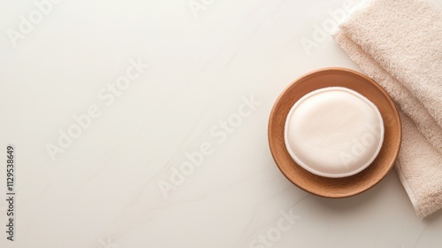 Wallpaper Mural Small round wooden bowl with a white lid on a white marble surface. the bowl is placed next to a beige towel on the right side of the image. Torontodigital.ca