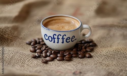 A cup of coffee sits on burlap with coffee beans photo