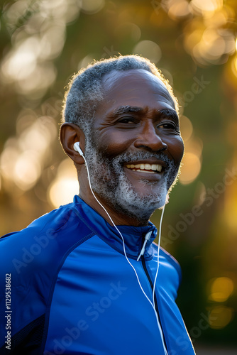 Un hombre mayor sonriente, vestido con ropa deportiva azul, escuchando música con auriculares, disfrutando de un momento al aire libre durante el atardecer.

 photo