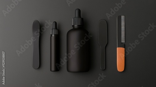 Set of five black objects arranged on a dark grey background. on the left side of the image, there is a black dropper bottle with a black cap and a black handle. photo