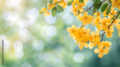 vibrant close up of golden rain tree flowers with soft bokeh background, showcasing their bright yellow petals and lush green leaves photo