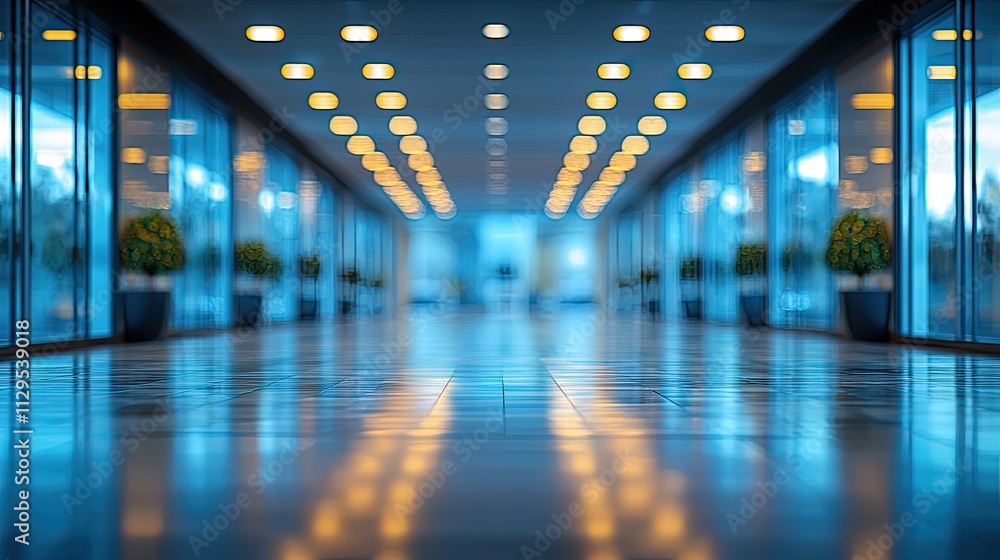 Modern corridor illuminated by soft lighting in a commercial building during evening hours Modern corridor illuminated by soft lighting in a commercial building during evening hours