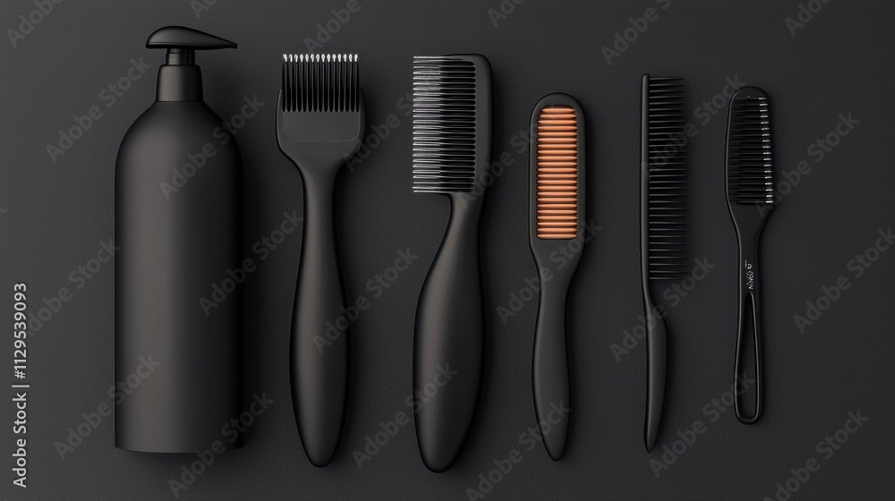 Set of five black hairbrushes arranged in a row on a dark grey background. on the left side of the image, there is a tall, cylindrical brush with a black handle and a black nozzle. Set of five black hairbrushes arranged in a row on a dark grey background. on the left side of the image, there is a tall, cylindrical brush with a black handle and a black nozzle.