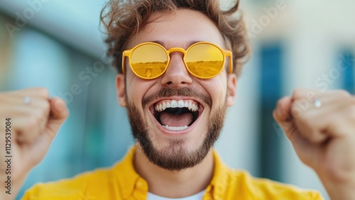 Wallpaper Mural Cheerful young man in yellow sunglasses and shirt, exuding joy and excitement with raised fists in a portrait Torontodigital.ca