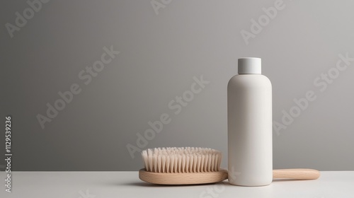 White bottle with a wooden brush next to it. the bottle is cylindrical in shape and has a white cap on top. the brush has a light brown handle and white bristles. the background is a plain grey color.