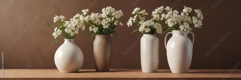 Stylish home decor featuring a white vase filled with white flowers on a simple brown background, living space, interior styling, contemporary Stylish home decor featuring a white vase filled with white flowers on a simple brown background, living space, interior styling, contemporary