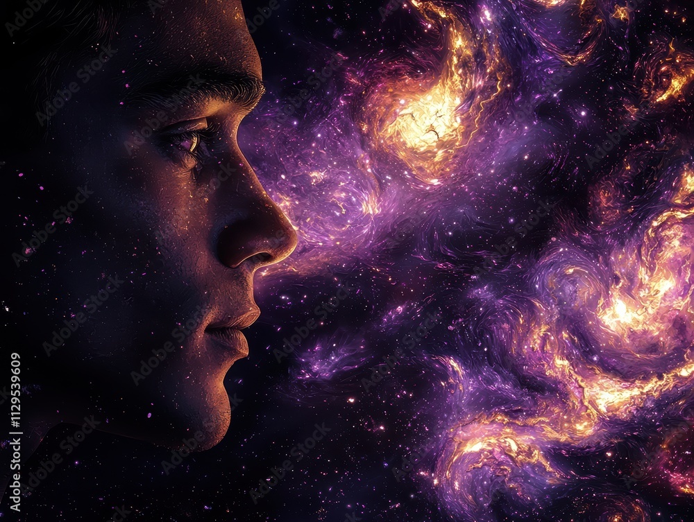 Silhouette of a man against a cosmic background digital art space portrait side view exploration of the universe Silhouette of a man against a cosmic background digital art space portrait side view exploration of the universe