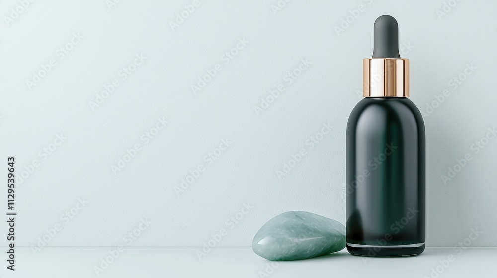 Black glass dropper bottle with a rose gold cap. the bottle is cylindrical in shape and has a sleek and modern design. it is placed on a light blue background. Black glass dropper bottle with a rose gold cap. the bottle is cylindrical in shape and has a sleek and modern design. it is placed on a light blue background.
